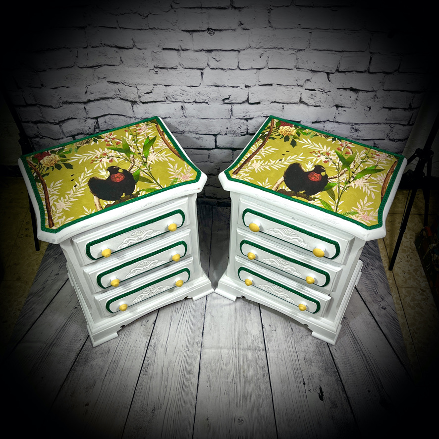 Pair of Painted & Decoupaged 3 Drawer Cabinets