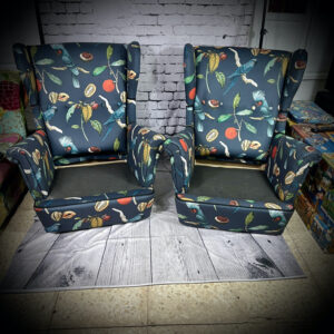 2 IKEA parrot armchairs 240415