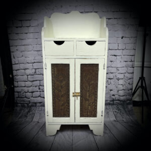 Off-White distressed cabinet with copper panels 241203