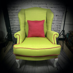 Wingback Armchair in Green with Pink Trimming