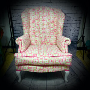 Wingback Armchair in Green and Pink Fabric