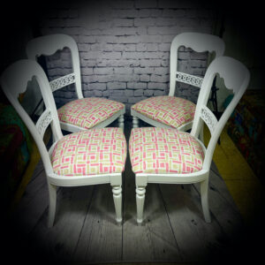 4 White Dining Chairs with Green/Pink Seats