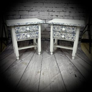 2 White Side Tables with Blue Patterned Decoupage